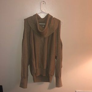 gold cowl neck off shoulder sweater